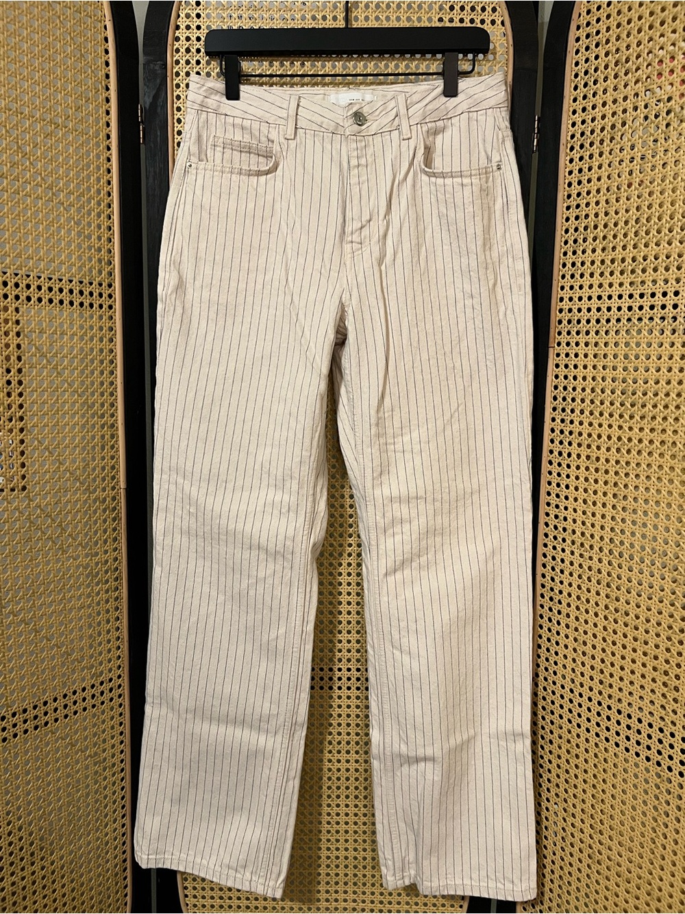 Zara High-Rise Cream Pinstripe Straight Jeans